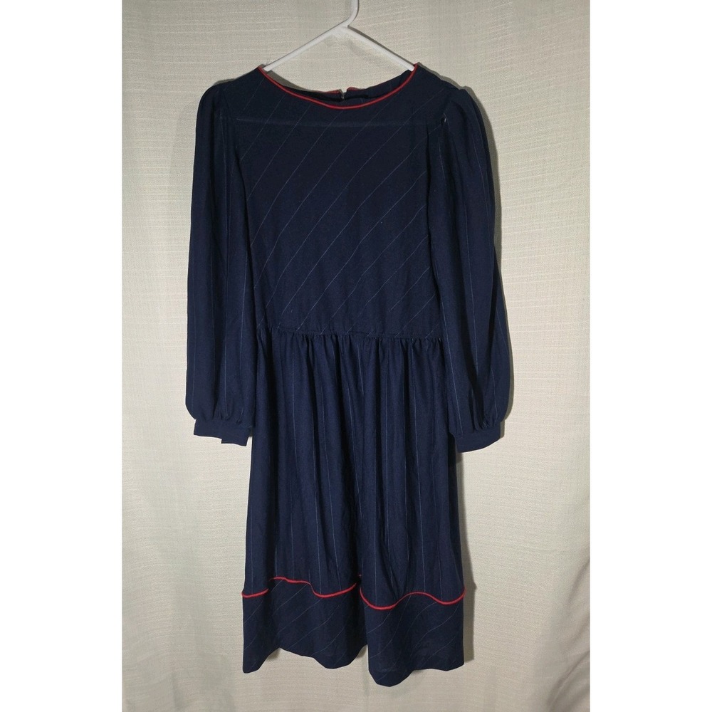 Vintage Juniors Size 11 Navy Blue Dress With Red Detail Stripes Midi